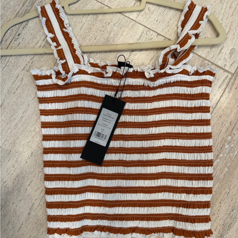 Veronica Beard Jean White & Brown Striped Smocked Tank